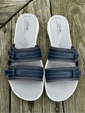 Clarks Cloudsteppers Slide Sandals Navy Blue Adjustable Comfort Size 9